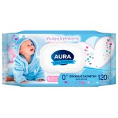 Салфетки влажные 120 шт., для детей, AURA «Ultra Comfort» с алоэ и витамином Е, крышка-клапан