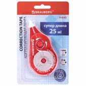 Корректирующая лента BRAUBERG MAXI PLUS, 5 мм х 25 м, механизм перемотки, корпус красный, блистер