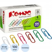 Скрепки канцелярские 28 мм Комус металлические с полимерным покрытием (100 штук в упаковке)