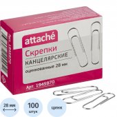 Скрепки Attache оцинкованные, 28 мм, негофрированные, 100 шт/уп
