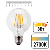 Лампа светодиодная G80, 8 (80) Вт, цоколь E27, «прозрачный шар», теплый белый свет