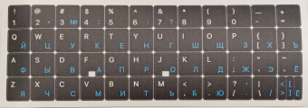 Наклейки на клавиатуру, синие/белые буквы, черный фон, русский/английский