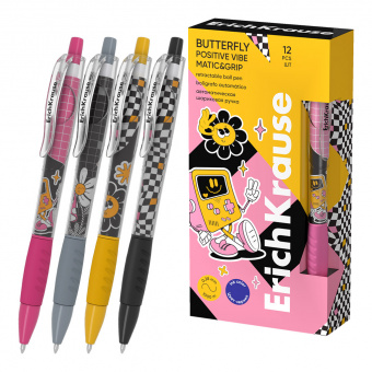 Ручка шариковая автоматическая ErichKrause Butterfly Matic&Grip Positive Vibe 0.7, Super Glide Tech, цвет чернил синий