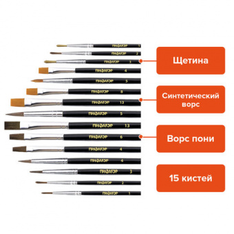 Кисти ПИФАГОР, набор 15 шт. (ПОНИ — 9 шт., СИНТЕТИКА — 4 шт., ЩЕТИНА — 2 шт., круглые, плоские), блистер