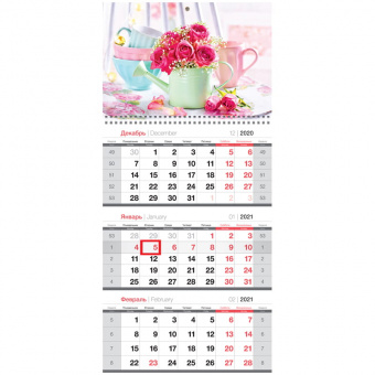 Календарь квартальный OfficeSpace на 2021 год "Розовый букет", с бегунком