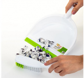 Совок для мусора КОМПЛЕКТ+ щетка сметка, пластиковые, резиновая кромка, бело-зеленый, ЛЮБАША