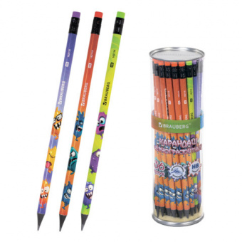 Карандаш чернографитный с принтом МОНСТРИКИ, 1 шт., HB, ластик, ассорти, BRAUBERG