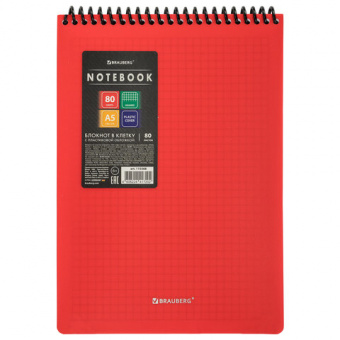 Блокнот А5 80 л., спираль пластиковая, обложка красный пластик, клетка, BRAUBERG "Metropolis"