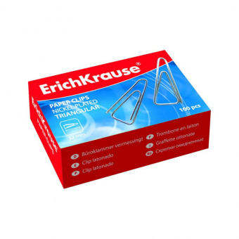 Скрепки Erich Krause, 25 мм, 100 шт., треугольные, никелированные
