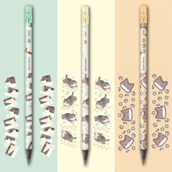 Карандаш чернографитный с принтом МИЛЫЕ КОТЫ, 1 шт., HB, ластик, ассорти, BRAUBERG