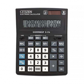 Калькулятор настольный CITIZEN CDB-1601BK, 16 разрядов, двойное питание