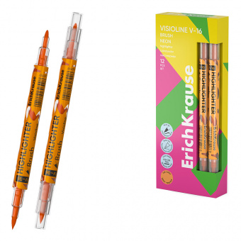 Двухсторонний текстмаркер ErichKrause Visioline V-16 Brush Neon, цвет чернил оранжевый