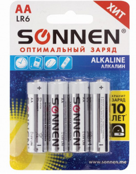 Батарейки КОМПЛЕКТ 4 шт., SONNEN Alkaline, АА (LR6, 15А), алкалиновые, пальчиковые, блистер