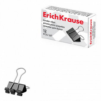 Зажим для бумаг ErichKrause, 19 мм, черный, КОМПЛЕКТ 12шт