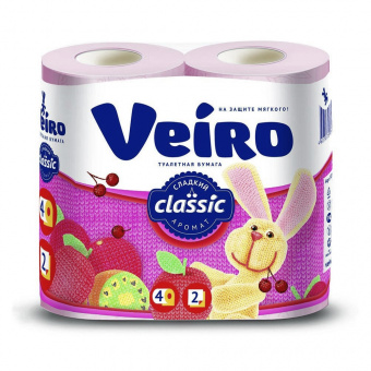 Туалетная бумага Veiro «Classic», 2-х слойная, 4 шт, розовая, аромат вишня