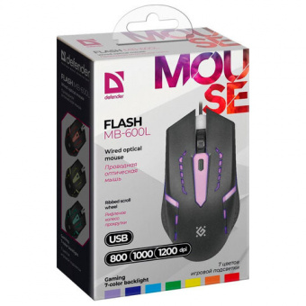 Мышь проводная DEFENDER Flash MB-600L, 800-1200 dpi, 4 кнопки + 1 колесо-кнопка, оптическая, черная