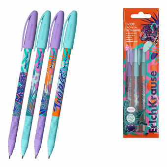 Набор из 4 ручек шариковых ErichKrause U-109 Stick&Grip Tropical 1.0, Ultra Glide Technology, цвет чернил синий (в пакете), артикул. 61104 Набор из 4 ручек шариковых ErichKrause U-109 Stick&Grip Tropical 1.0, Ultra Glide Technology, цвет чернил синий (в пакете)
