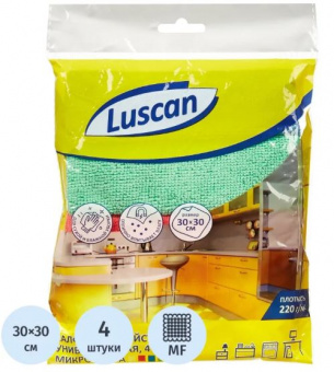 Набор хозяйственных салфеток из микрофибры Luscan универсальные, плотн. 220г/м, 30х30см, 4 штуки