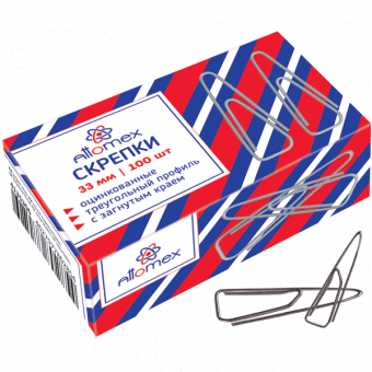Скрепки 33мм "Atomex" треугольный профиль с загнутым краем, оцинкованные, 100шт в карт. кор, артикул. 4135306 Скрепки 33мм "Atomex" треугольный профиль с загнутым краем, оцинкованные, 100шт в карт. кор