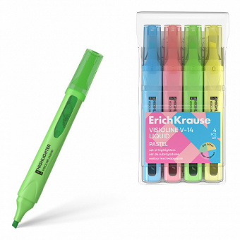 Набор из 4 текстмаркеров с жидкими чернилами ErichKrause Visioline V-14 Liquid Pastel, цвет чернил ассорти
