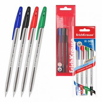 Набор из 4 ручек шариковых ErichKrause R-301 Stick Classic 1.0, цвет чернил: синий, черный, красный, зеленый