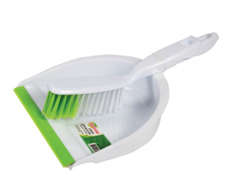 Совок для мусора КОМПЛЕКТ+ щетка сметка, пластиковые, резиновая кромка, бело-зеленый, ЛЮБАША