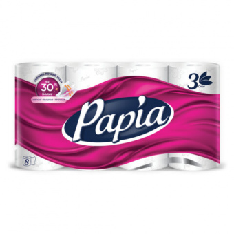 Туалетная бумага PAPIA 3сл, спайка 8рул*16,5м  100% целлюлоз