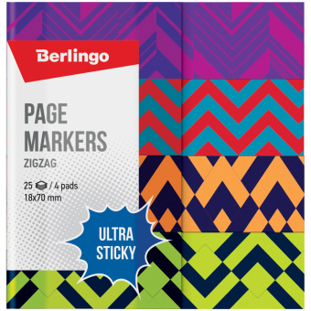 Флажки-закладки Berlingo "Ultra Sticky" "Zigzag", 18*70мм, бумажные, в книжке, с дизайном, 25л*4 