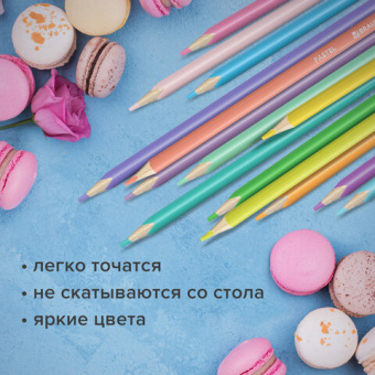 Карандаши цветные BRAUBERG PASTEL, 12 пастельных цветов, трехгранные, грифель 3 мм, натуральное дерево