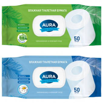 Туалетная бумага влажная 50 шт., AURA «Ultra Comfort» с пластиковым клапаном