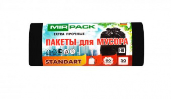 Пакеты для мусора 60л 30шт 6мкм рулон ПНД Mirpack Standart 60*70см черный