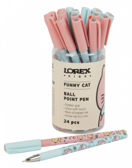 Ручка шариковая на масляной основе LOREX KIDS FUNNY CAT Slim Soft Grip синяя 0,5 мм, ассорти круглый корпус, покрытие ultra-soft touch, грип