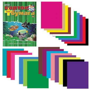 Набор цветного картона и бумаги А4 немелованной, 10+16 цветов склейка HATBER VK, Аквариум