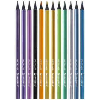 Карандаши цветные BRAUBERG METALLIC, 12 цветов металлик, трехгранные, грифель 3 мм, черное дерево