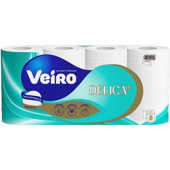 Бумага туалетная  Veiro Delicate в стандартных рулонах, 8 рул, 15м, 3-сл.