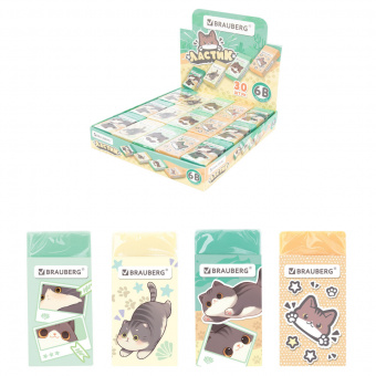 Ластик МИЛЫЕ КОТЫ, 50×24×10 мм, прямоугольный, картонный держатель, ассорти, ЭКО ПВХ, BRAUBERG