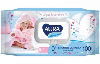 Салфетки влажные Aura "Ultra comfort", 100шт., детские, с алоэ, очищающие, без спирта, клапан