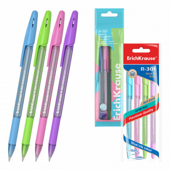 Набор из 4 ручек шариковых ErichKrause R-301 Stick&Grip Spring 0.7, цвет чернил СИНИЙ (в пакете)