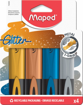 Набор текстовыделителей MAPED FLUO PEP'S GLITTER с блестками, пишущий узел 1-5мм, 4 цвета металлик, в блистере