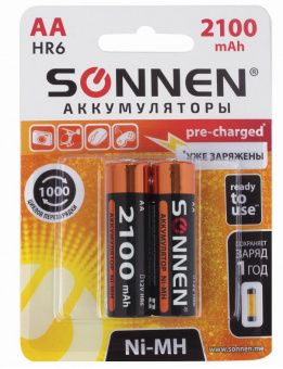 Батарейки аккумуляторные Ni-Mh пальчиковые КОМПЛЕКТ 2 шт., АА (HR6) 2100 mAh, SONNEN