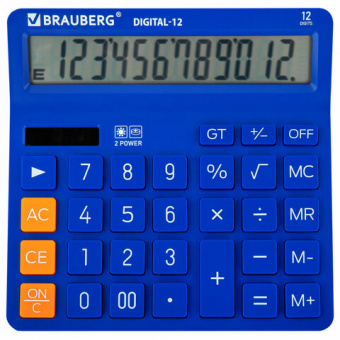 Калькулятор 12р настольный BRAUBERG DIGITAL-12-BL (151х152 мм), 12 разрядов, двойное питание, СИНИЙ
