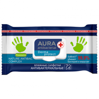 Салфетки влажные Aura Derma Protect, big-pack с крышкой, 15*20см,72шт., антибакт. с ромашкой