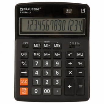 Калькулятор 14р BRAUBERG EXTRA-14-BK (206x155 мм), настольный , двойное питание, ЧЕРНЫЙ
