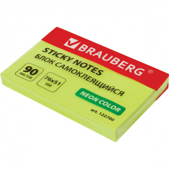 Блок самоклеящийся (стикеры) BRAUBERG, неоновый, 76х51 мм, 90 листов, зеленый