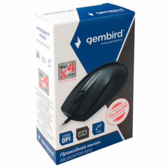 Мышь проводная GEMBIRD MUSOPTI9-905U, USB, 2 кнопки + 1 колесо-кнопка, оптическая, черная