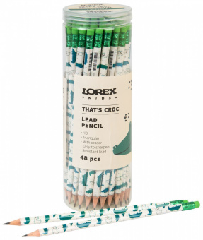 Карандаш чернографитный деревянный LOREX KIDS V-TYPE THAT'S CROC НВ с ластиком, заточенный, трехгранный, принт на корпусе, тубус