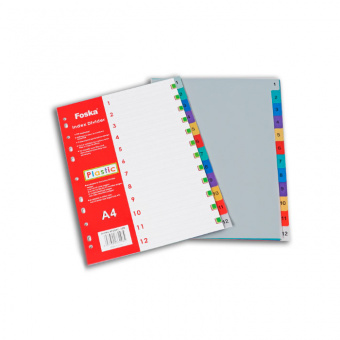 Разделитель пластиковый Foska для папок А4, цифровой 1-12, по цветам