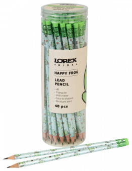 Карандаш чернографитный деревянный LOREX KIDS V-TYPE HAPPY FROG НВ с ластиком, заточенный, трехгранный, принт на корпусе, тубус