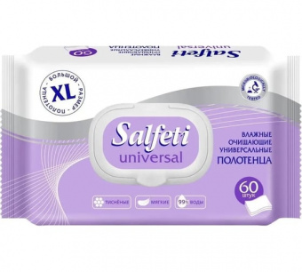 Полотенца влажные (салфетки) XXL размер (18*25мм) Salfeti Universal 60шт, очищающие, универсальные, с пластиковым клапаном 