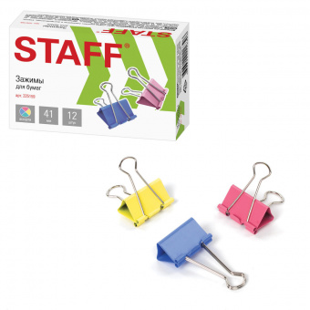 Зажимы 41мм КОМПЛЕКТ 12шт цветные для бумаг STAFF "Profit"
